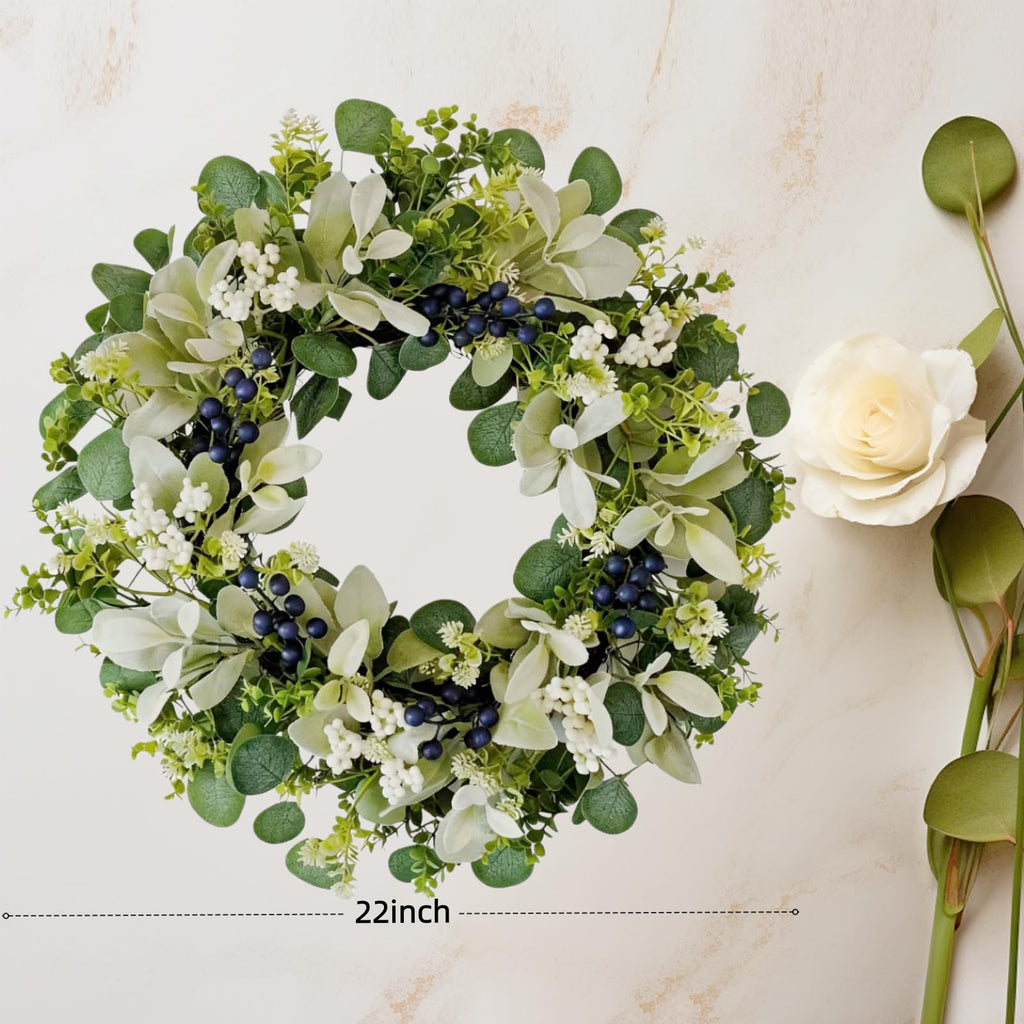 22 Inch Wreaths for Front Door, Green Spring Summer Wreath with Faux Lamb's Ear, Eucalyptus Leaves, White & Blue