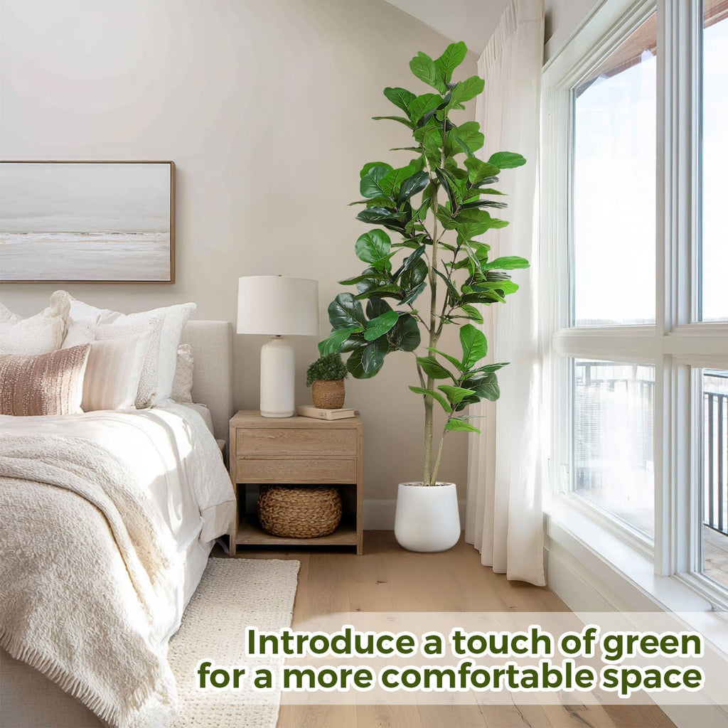 Artificial Fiddle Leaf Tree, 7ft Faux Plant Fake Ficus Lyrata Trees with White Planter - Perfect Indoor Home Decor