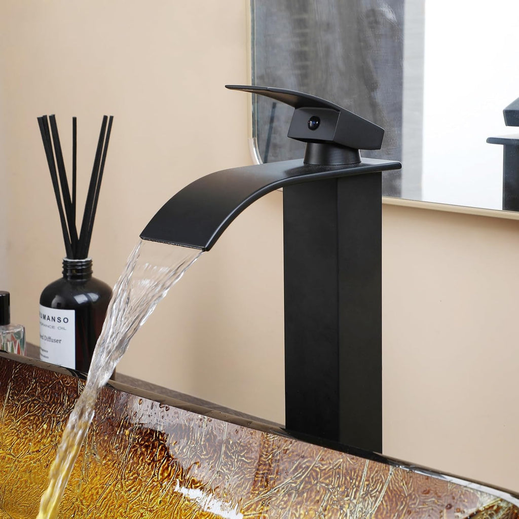 22 Inch Bathroom Vessel Sink Basin with Waterfall Faucet and Pop-Up Drain Combo,Gold Rectangular Glass Sink Bowl Above