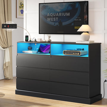 Black Dresser with LED Lights and Charging Station, 51.2" Long Dressers Chest of Drawer with Large Drawers and Open