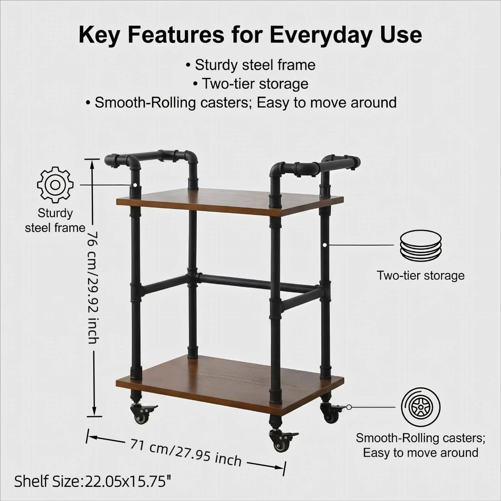 Industrial Pipe Bar Cart, Solid Wood Serving Cart, Rolling Kitchen Cart