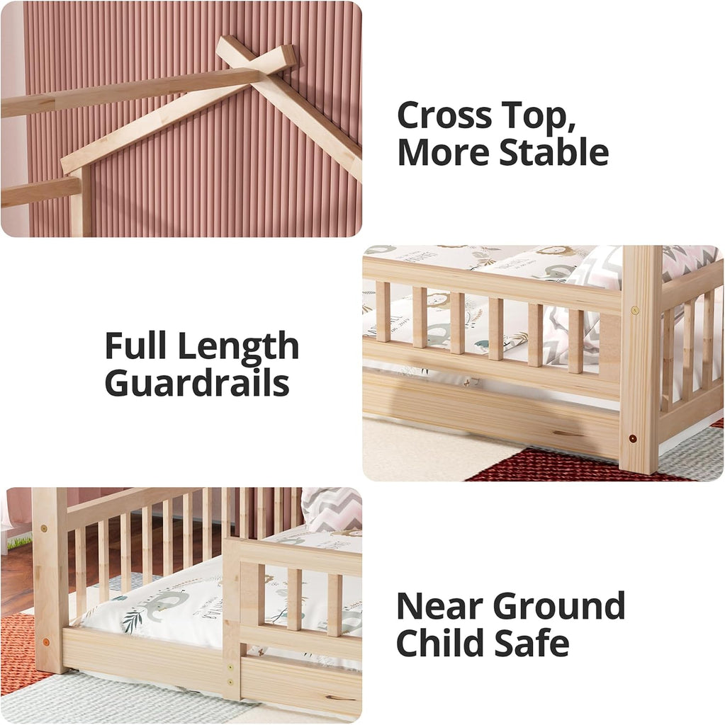 Tw Bed with Fence, Wooden Montessori Bed with Slats Support, Floor Bed Frame for Boys Girls Bedroom, Natural