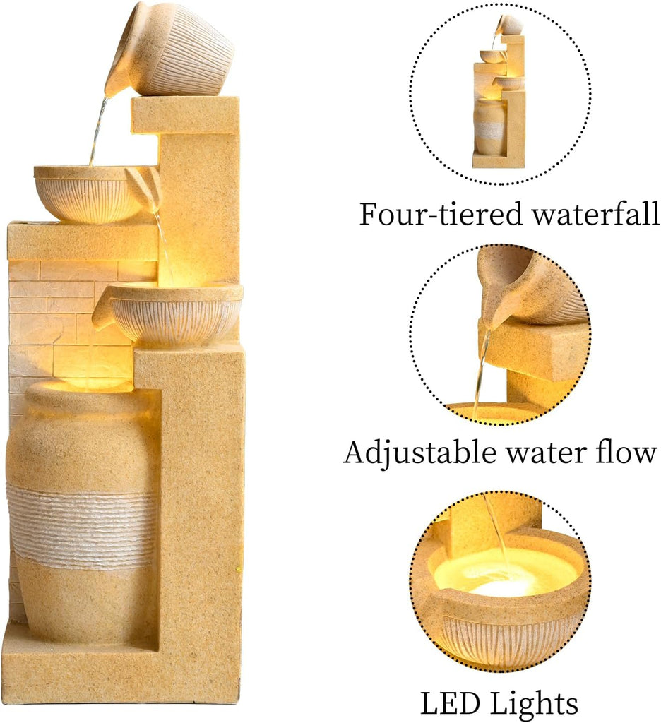 31.89" 4-Tier Outdoor Garden Water Fountain, Floor-Standing Cascading Waterfall with LED Lights