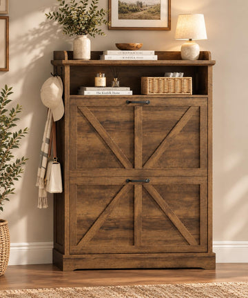Farmhouse 31.5" W Shoe Cabinet with 2 Flip Drawers & Open Storage, Walnut