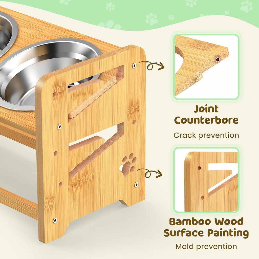 Elevated Dog Bowls, Adjustable Raised Dog Bowl Stand for Medium and Small Dog, 11" High Bamboo Pet Food Feeder with 2