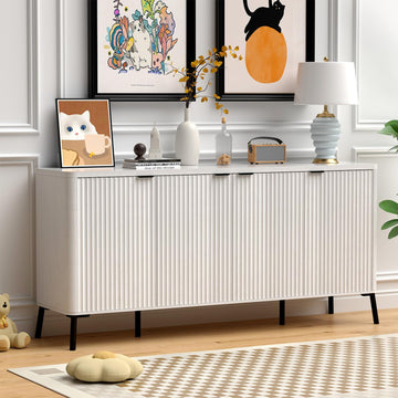 Buffet Cabinet, 63" Large Sideboard Buffet Cabinet with Storage, Modern Fluted Sideboard with 4 Doors, Wood Credenza