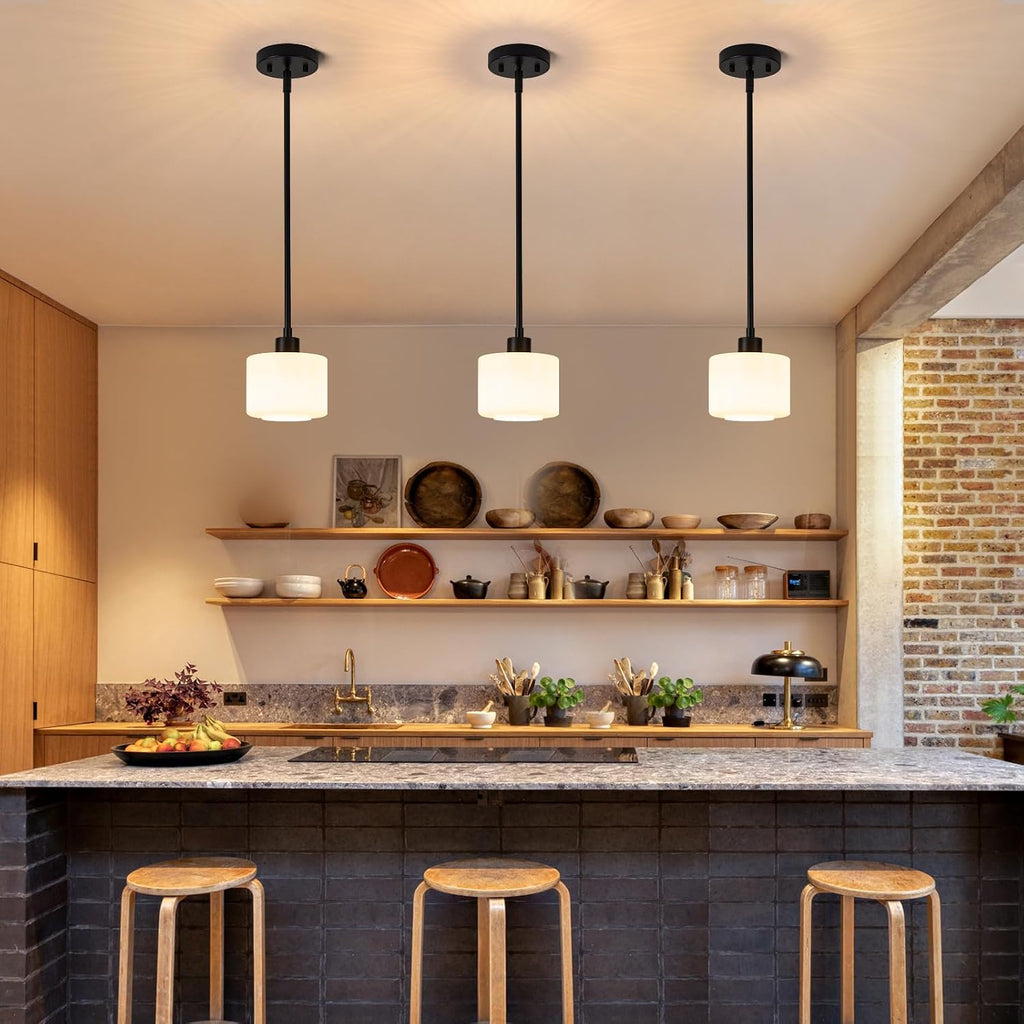 Black Pendant Lights Kitchen Island 2 Pack, Modern Milk Glass Hanging Light Fixtures with Rods, Mini Kitchen Pendant