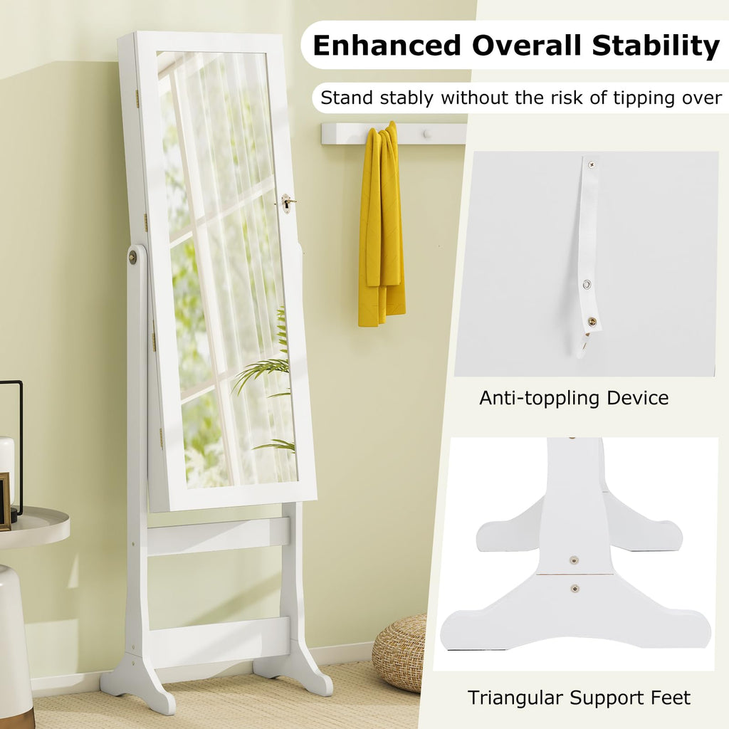 Standing Jewelry Cabinet, Large Storage Jewelry Armoire with Full Length Mirror, 4 Adjustable Angles & 2 LED Lights