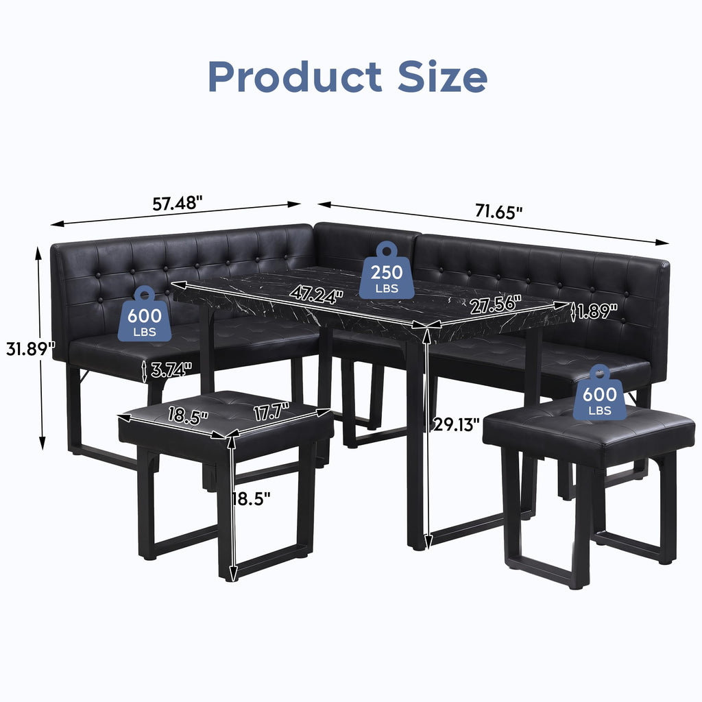 72" Corner Dining Table Set for Small Spaces, Modern Black
