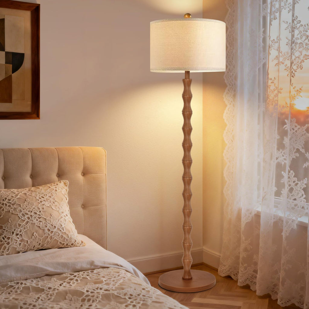 Wood Floor Lamp with 3 Color Temperatures, Boho Floor Lamp with Remote Control, Dimmable Vintage Floor Lamp Mid Century