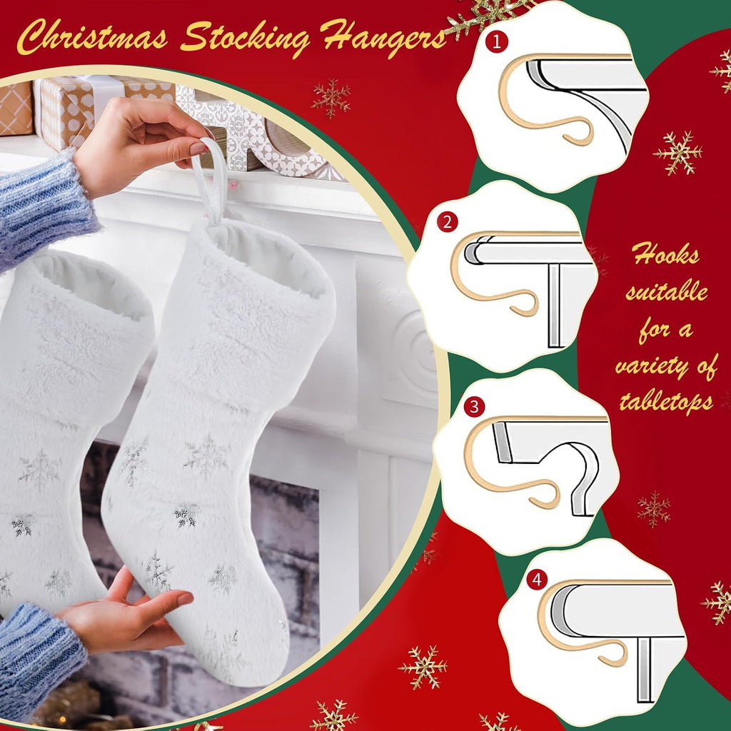 6 Pcs Christmas Stockings 6 Holders White Fur,Silver,Cute