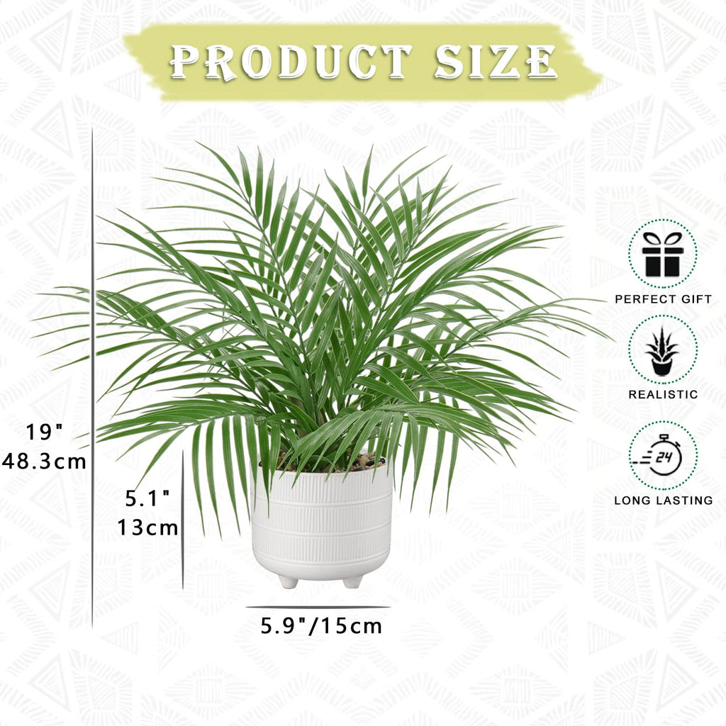 Large Artificial Potted Plants Fake Palm Plants 19" Faux Green Plant Plastic Tropical Palm Tree in White Ceramic Pots