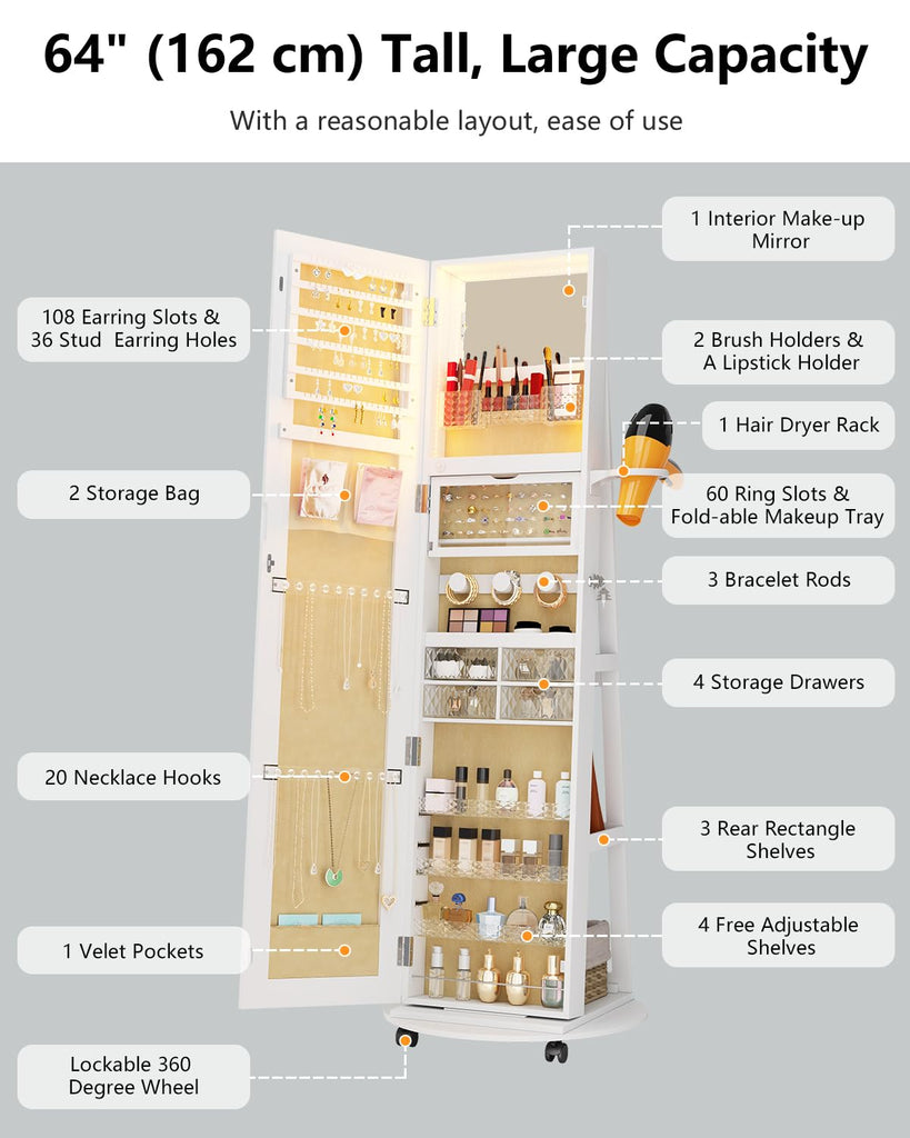 Full Length Mirror with Jewelry Storage, 360° Rotating Jewelry Armoire Organizer with Lights, Lockable Mirror Jewelry