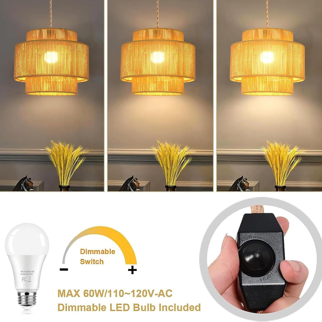 Plug in Pendant Light Hanging Lights with Plug in Cord Boho Hanging Lamp Dimmable, Rattan Wicker Woven Bamboo Lamp