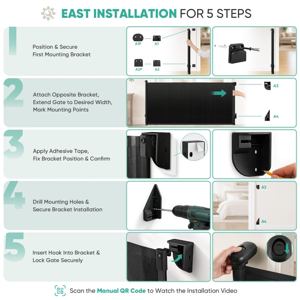 Retractable Baby Gates for Stairs, 34" Tall Expands to 55" Wide