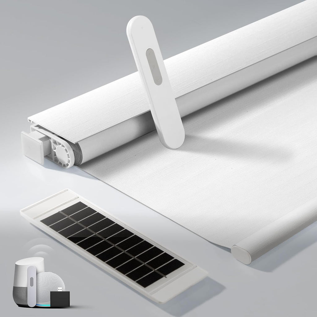 No Drill Motorized Blinds with Remote, Automatic Roller Shad - White