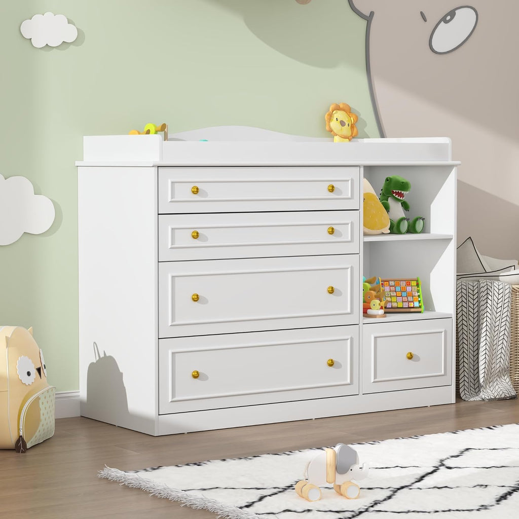 White Changing Table Dresser, Baby Nursery Dresser, Baby Diaper Changing Table, 5 Drawers, Adjustable Shelves, Metal