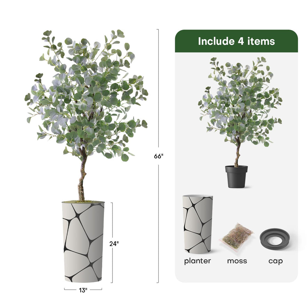 Artificial Tree in Geometric Pattern Planter, Fake Eucalyptus Silk Tree for Indoor and Outdoor Home Decoration - 66"