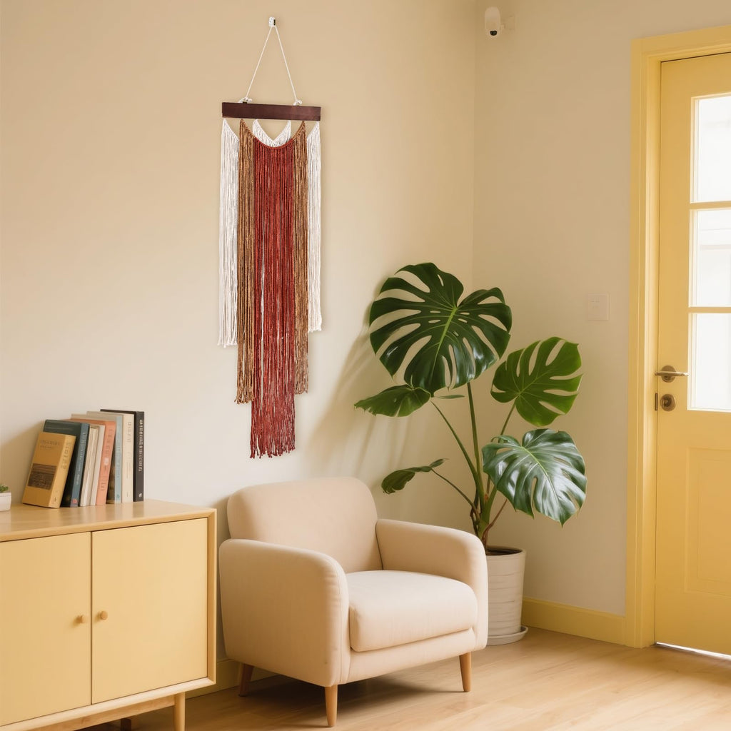 Macrame Wall Hanging 2pcs Boho Wall Tapestry, Woven Wall Art Bedroom Bohemian Home Decor 47.2" L x 15.7" W (Deep Red)