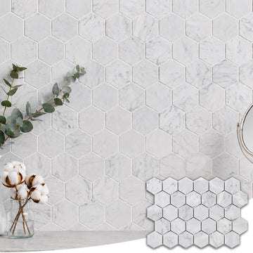 Carrara White Marble Mosaic Tile, 2 Inch Hexagon, Matte, Italian Bianco Carrera Marble Backsplash Bathroom Wall