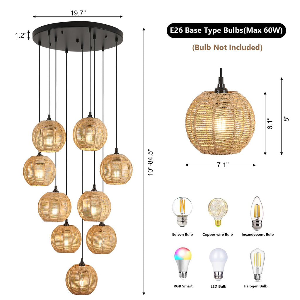 Round 9 Light Boho Pendant Light Rattan Hanging Lamp