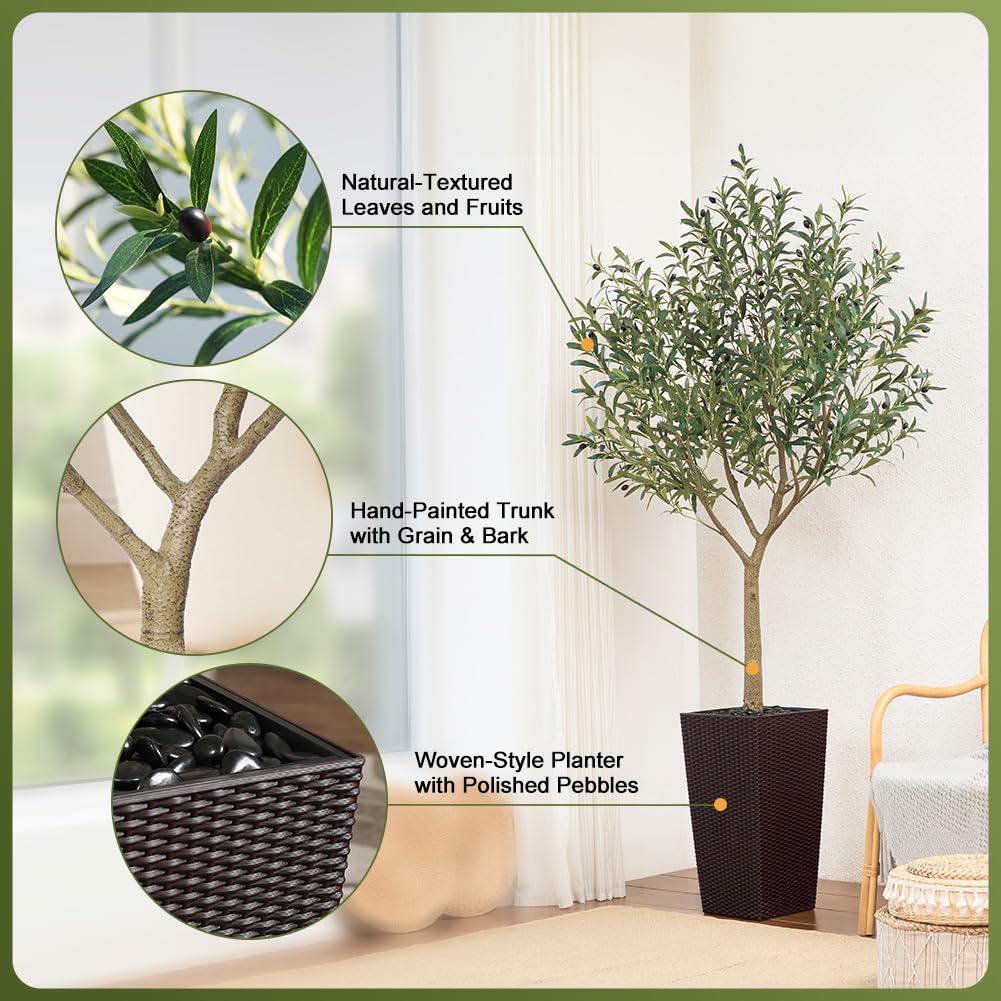 Artificial Olive Tree 7FT, UV Resistant Tall Fake Tree Indoor Outdoor with Brown Taper Planter & Pebbles - Potted