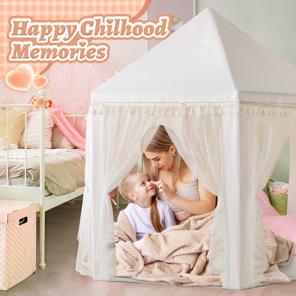 White Princess Tent Girls Tassel Decor Large Playhouse Kids Castle Play Tent with Star Lights Toy for Children Indoor