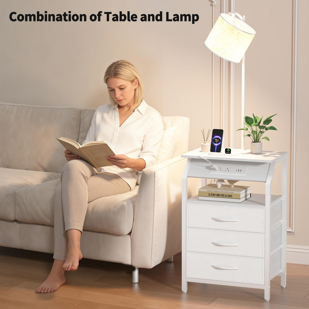 Floor Lamp with Table, Nightstand with Charging Station, Floor Lamp Table with 3-Color Temperature Bulb, Bedside