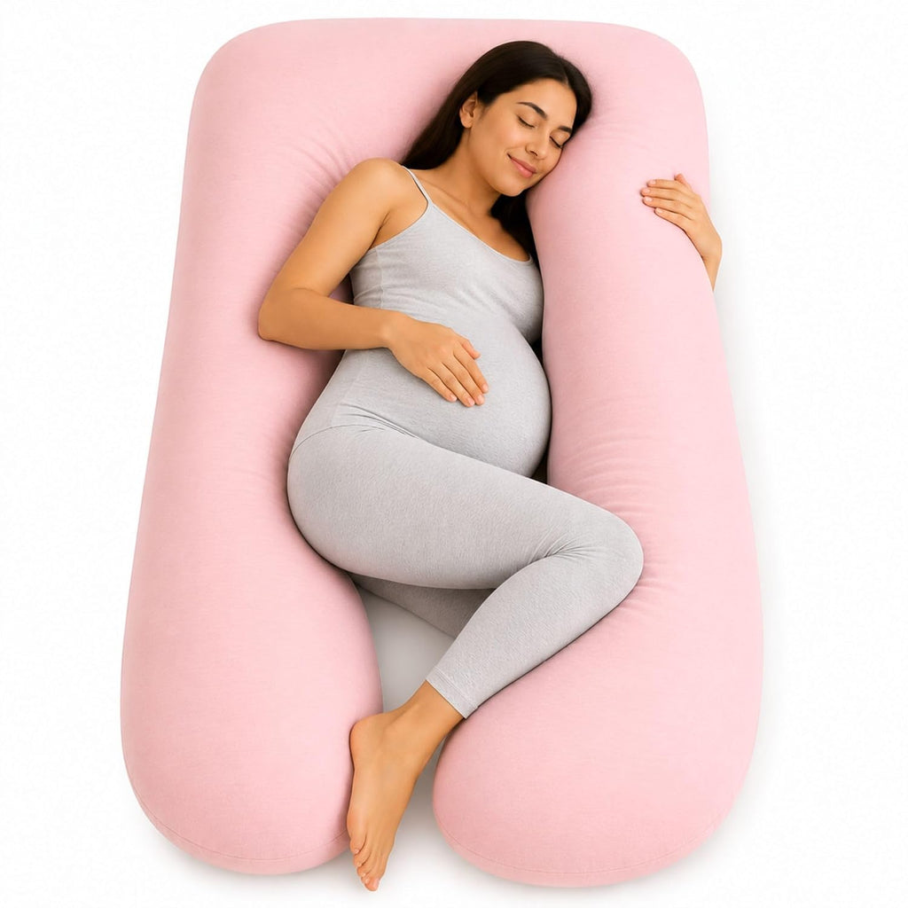 U-Shaped Pregnancy Pillow - 100% Cotton Cover, Full Body Maternity Support for Belly, Back and Legs - Bonus Eye Mask