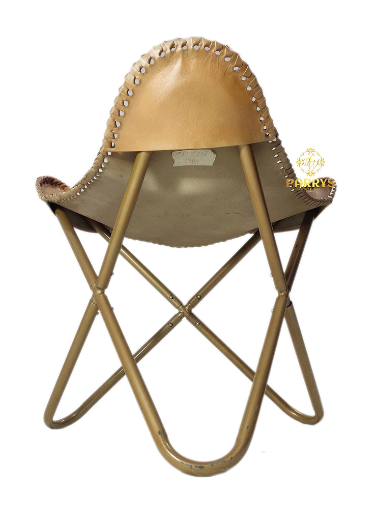 Brown Leather Living Room Decorative Stool - Handmade Genuine Leather Ottoman Stool - Golden Powder Coated Frame