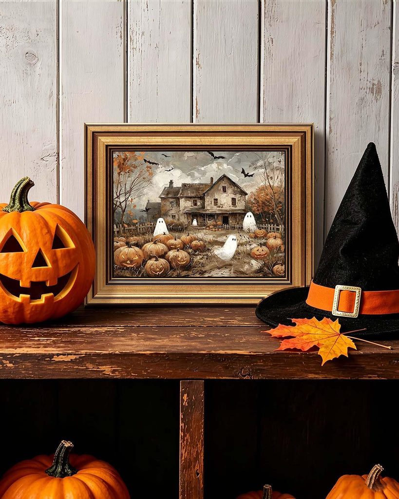 Vintage Framed Cute Ghost Pumpkin Patch Wall Art, Ghost Halloween Print
