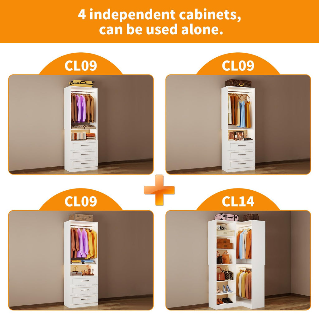 Closet System with 9 Drawers, Corner Closet Organizer Systems with 9 Shelves & 9 Hanging Rods L-Shaped Walk in Closet