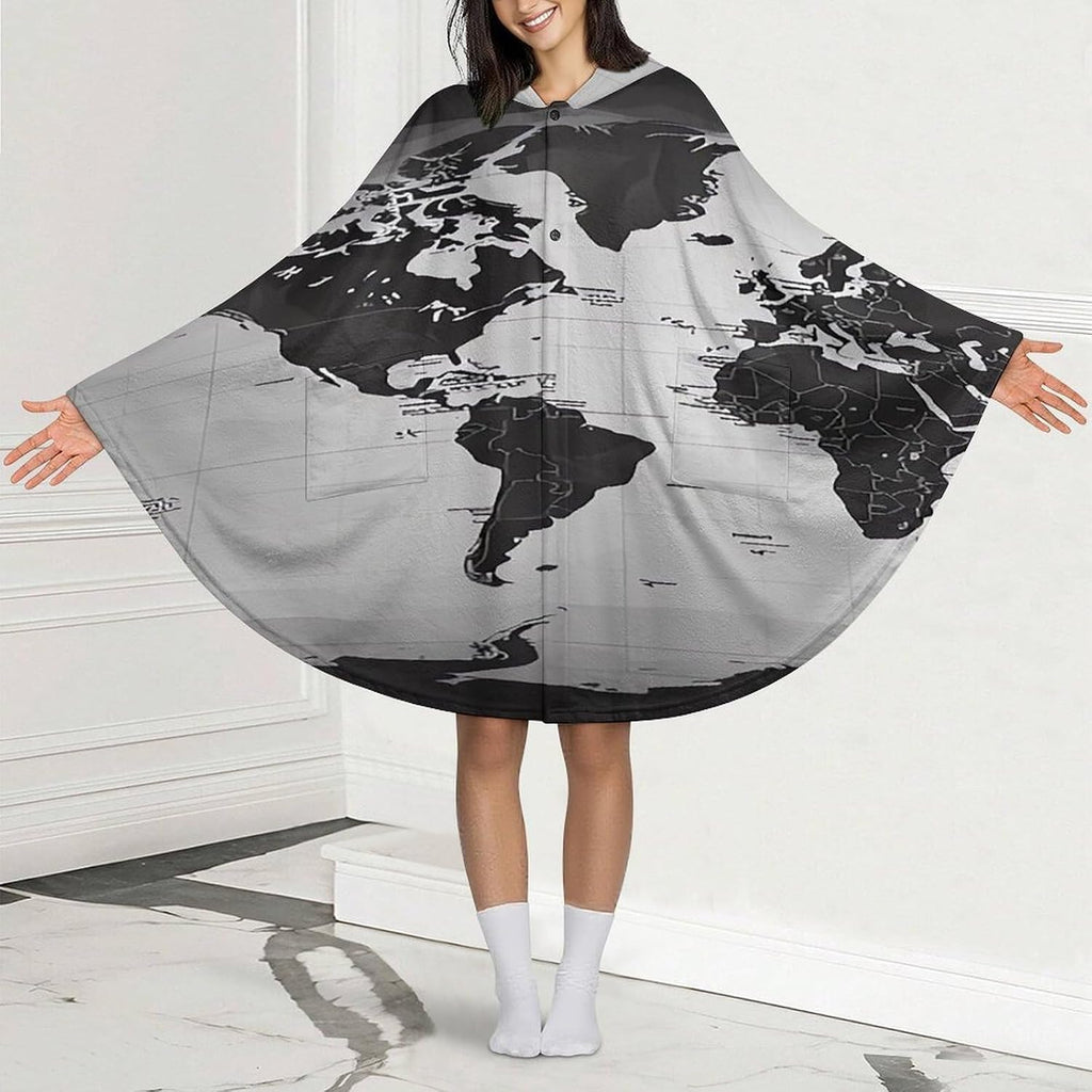 Black And White World Map Wearable Blanket Hoodie Flannel Hooded Blanket | Sweatshirt Oversized Cozy Sweater Gift