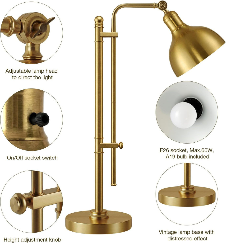 Industrial Adjustable Desk Lamp, Farmhouse Table lamp 29''-38'', Rustic Metal Task Desk Lamp in Brushed Gold Finish