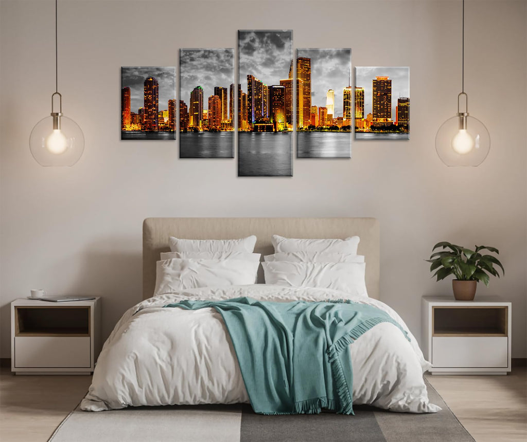 Miami Skyline Wall Black and White Panoramic City Night Canvas Prints