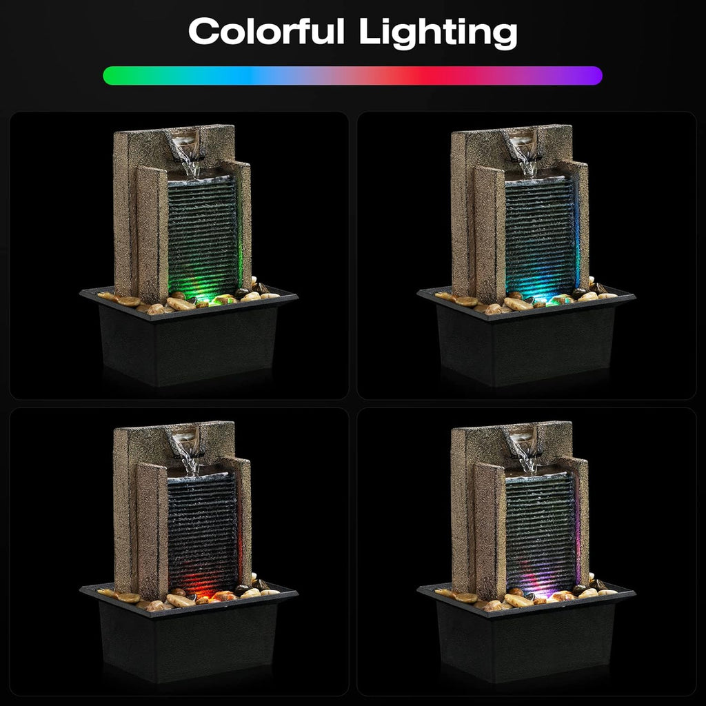 Tabletop Fountain Relaxing Tabletop Waterfall Fountain with Natural River Rocks & Color-Changing LED Lights - Indoor