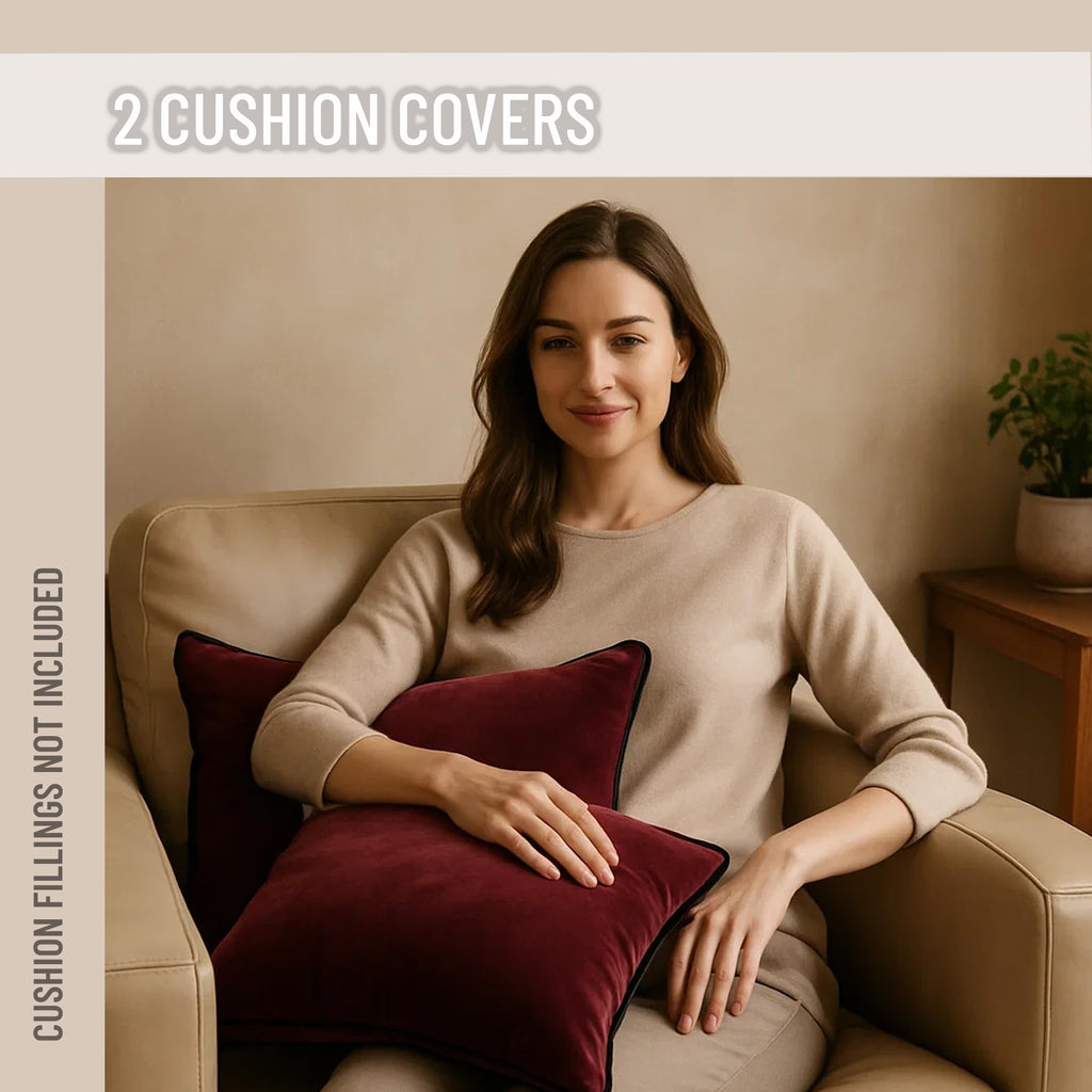 2 Pack Polyester Decorative Throw Pillow Covers, 18"x18", Burgundy, Solid, Modern, Contrast Piping, Indoor Use