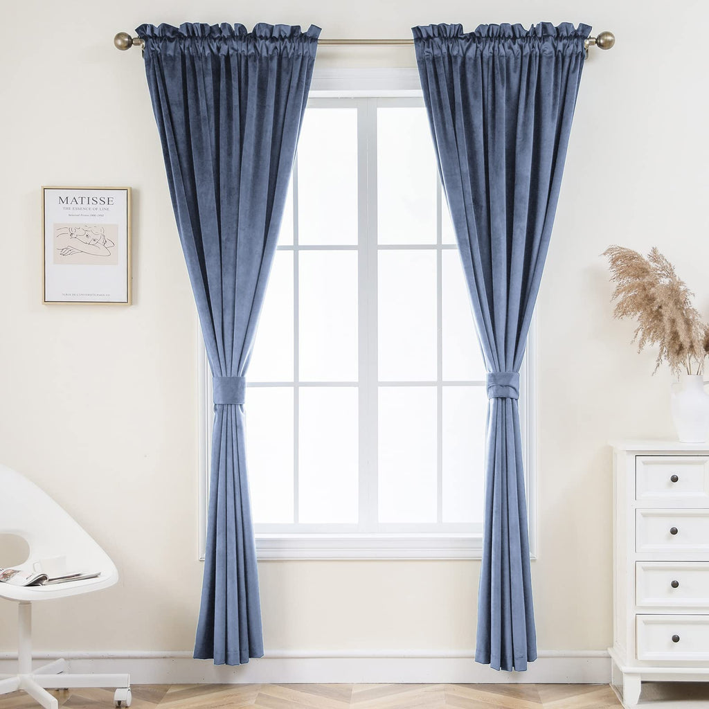 Stone Blue Velvet Curtains 95 inch Long Heavyweight Blackout Curtains Rod Pocket Thermal Insulated Darkening Window