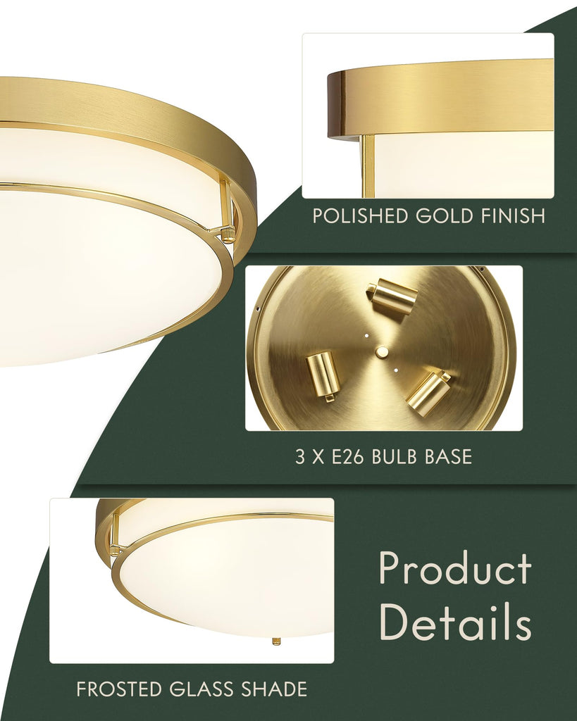16 Inch Flush Mount Ceiling Light, White Frosted Glass, Gold