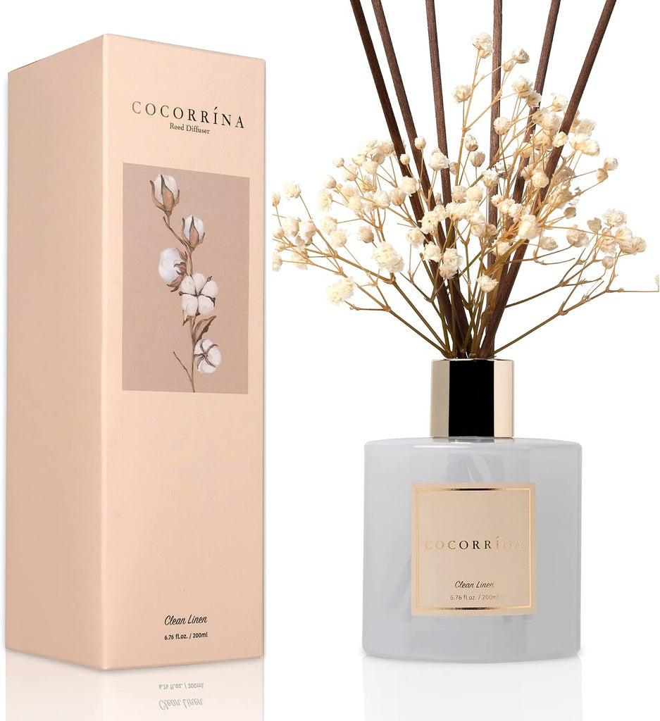 Reed Diffuser Set, Clean Linen 6.7 fl oz Scented Diffuser with Sticks Home Fragrance Reed Diffuser Shelf Décor