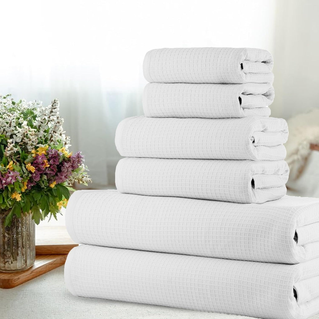 Waffle 6Pcs 100% Egyptian Cotton Large Designer Towels Gift Set- Pure White, 2Bath 2Hand 2Washcloths, Bath Towels