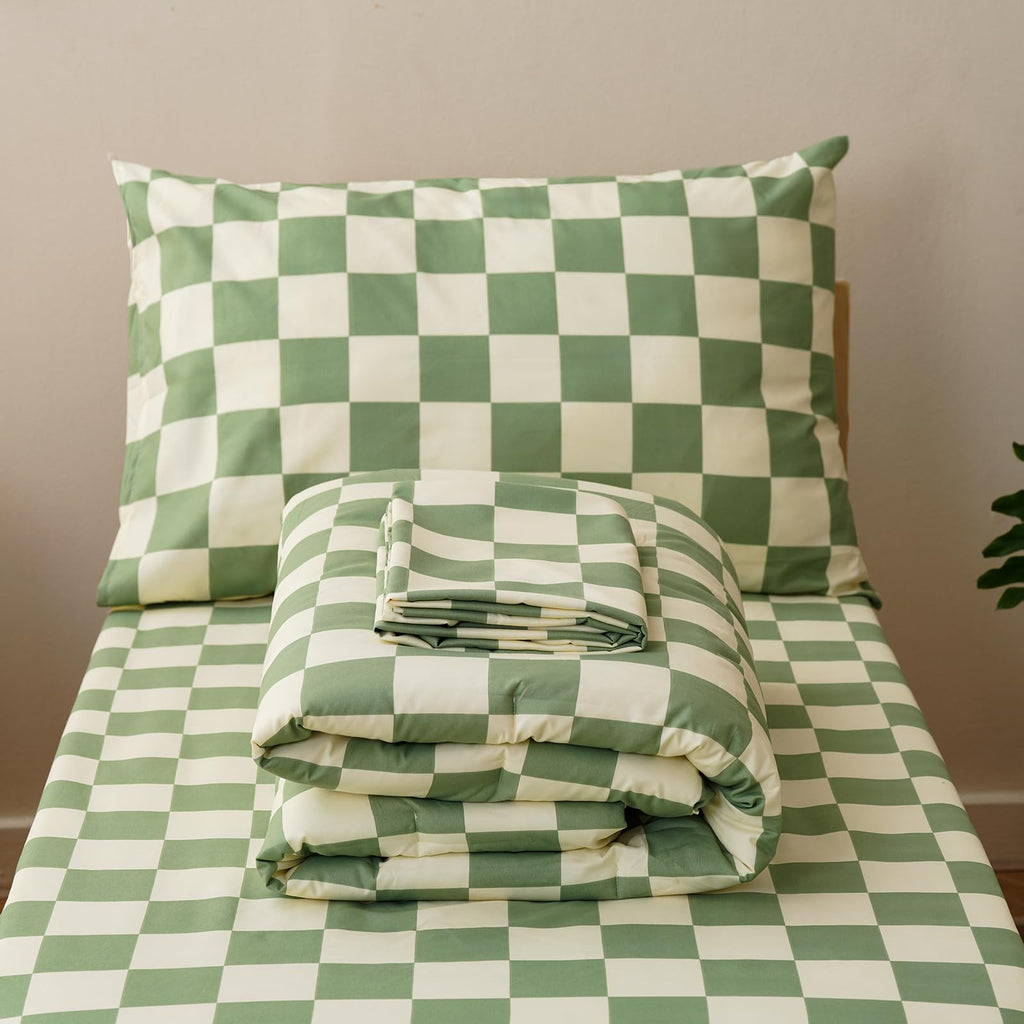 Grid Toddler Bedding Set Green White Checkered 4 Pieces Crib Bed Set Kids Pliad Comforter Set