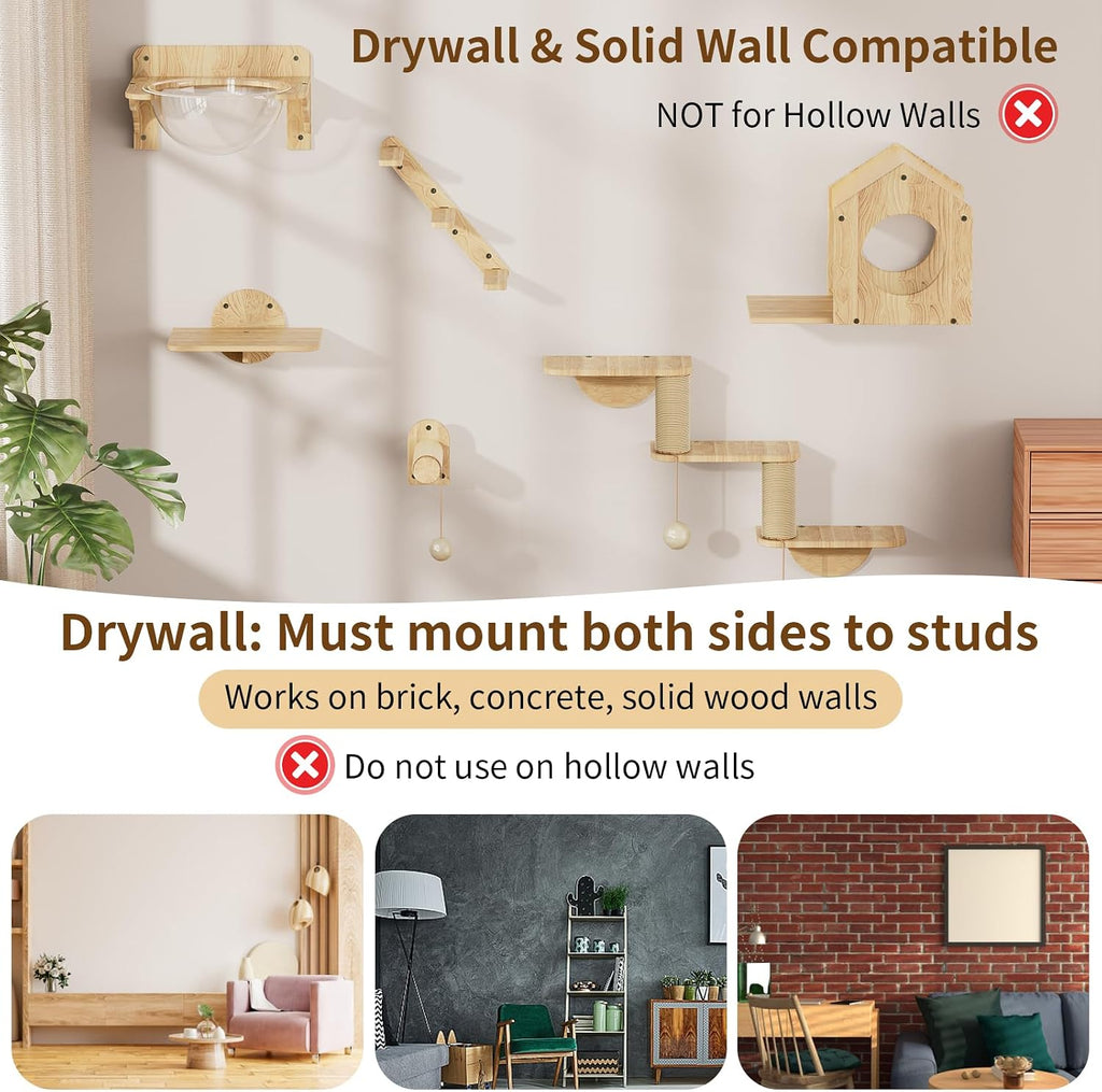 Cat Wall Shelves, Wood Cat Wall Furniture Set for Indoor Cats, Space Saving Wall Mounted Design, Cozy Hammock