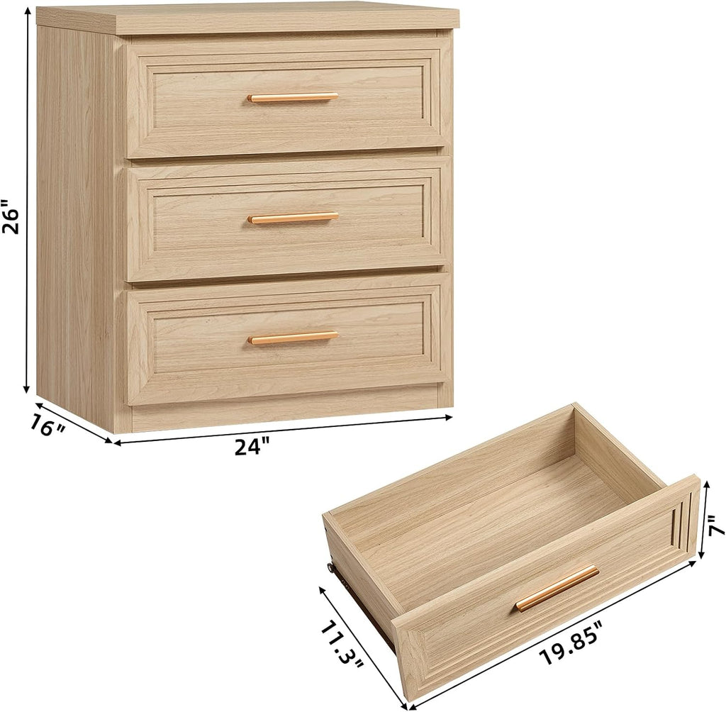 Night Stand with 3 Drawer 26" Fluted Wooden Tall Nightstand Metal Handle Living Room Bedside Table Modern Style
