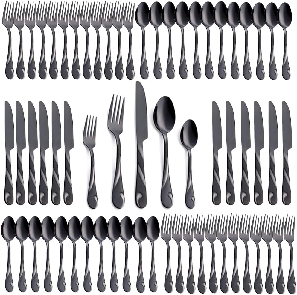 Black Silverware Set for 12, 60-Piece Stainless Steel Flatware Set, Shiny Black Metal Cutlery Set, Include Fork