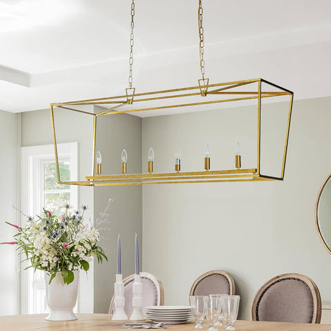 L54 in 6-Light Modern Farmhouse Geometric Industrial Candlestick Cage Chandelier Adjustable Height Kitchen Island Chandelier in Matte Gold for Dining Table A128-B0D32LPJL2