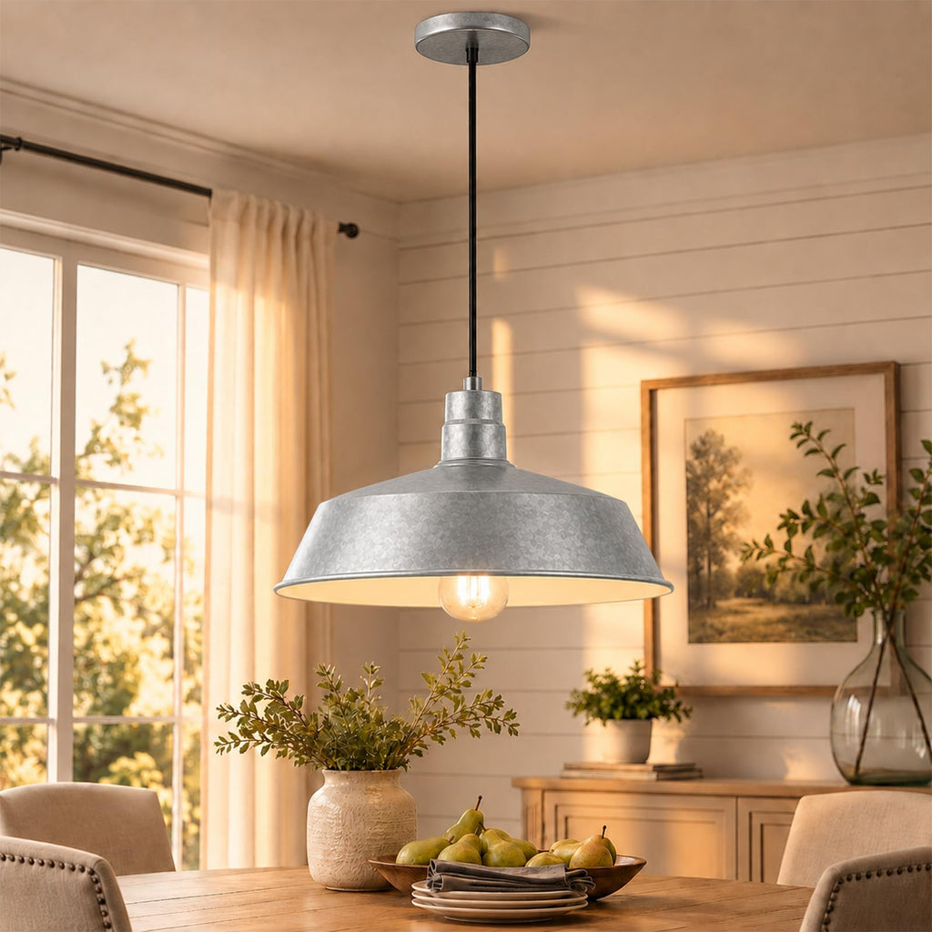 17-Inch Industrial Galvanized Pendant Barn Light Fixture, 120V Hardwire