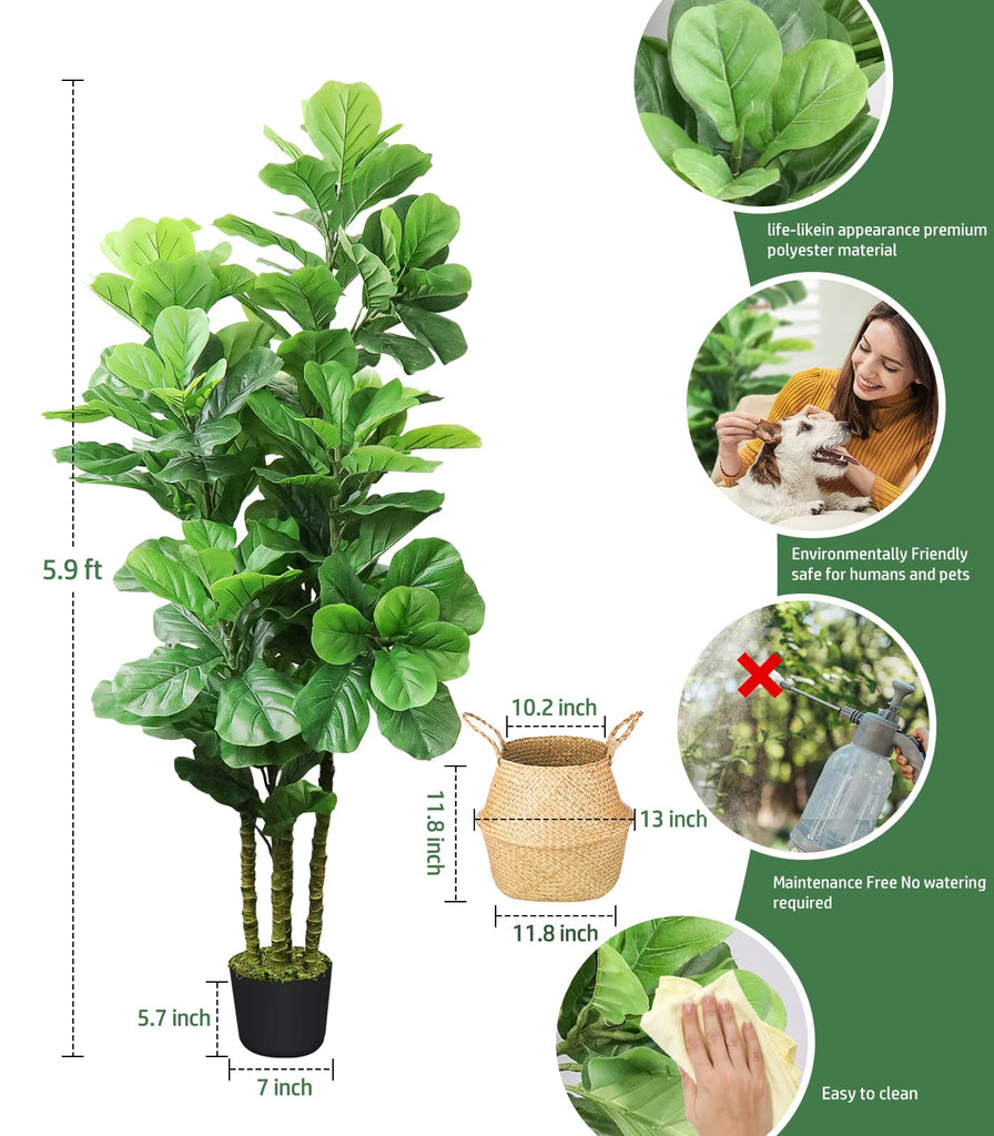 6Ft Artificial Fiddle Leaf Fig Tree with Woven Seagrass Basket and Realistic Moss Tall Fake Plants Large Faux Tree