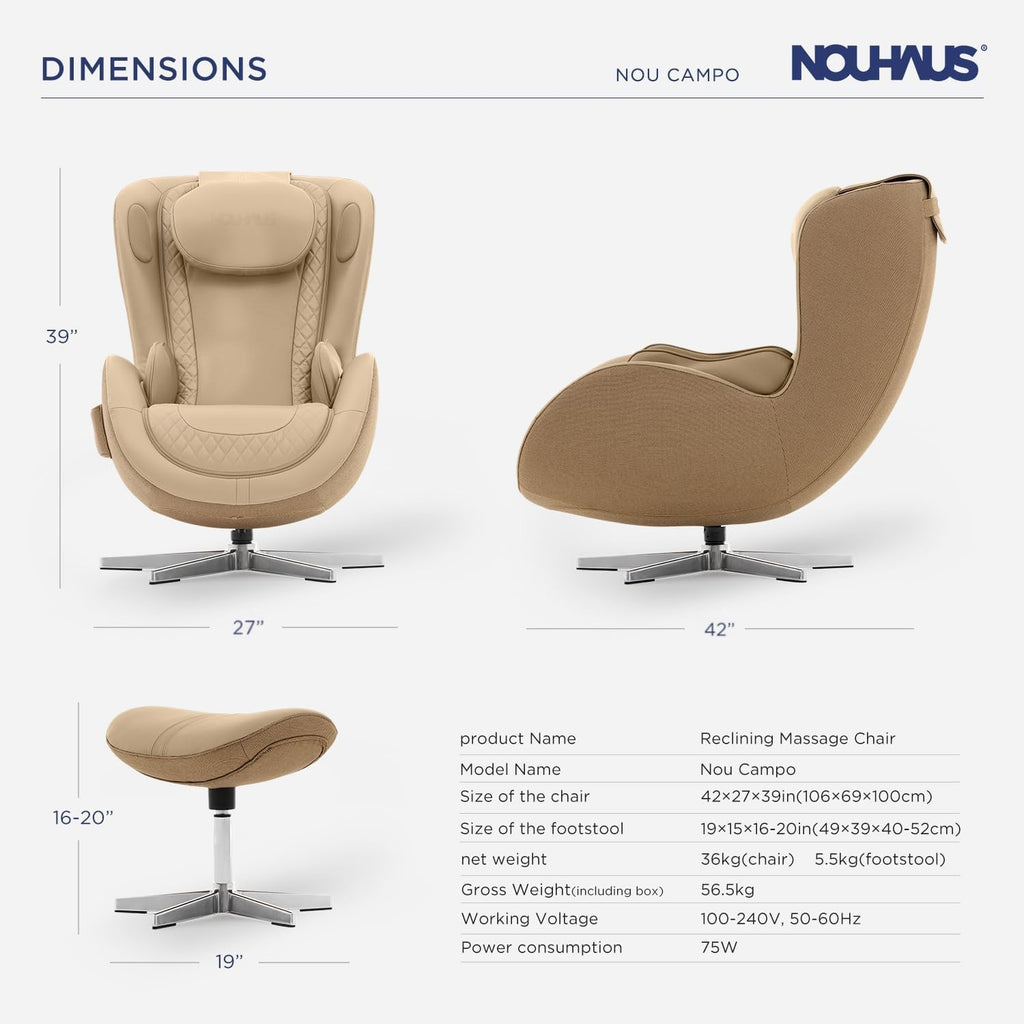NOU Campo Massage Chair Full Body with Ottoman, Zero Gravity | 3D Massage, Dual Sound Systems, Heated Massaging