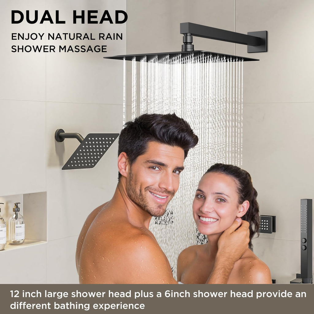 Shower Faucet Sets Matte Black Shower System, 4 Way 12+6" Dual Head Shower Set Complete with 2 in 1 Handheld,Wall